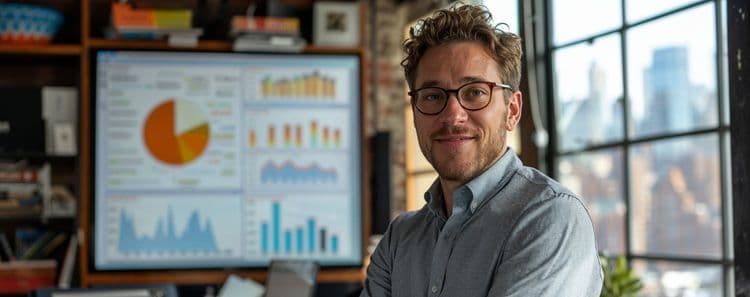 Podnikatel analytik s grafy v kanceláři