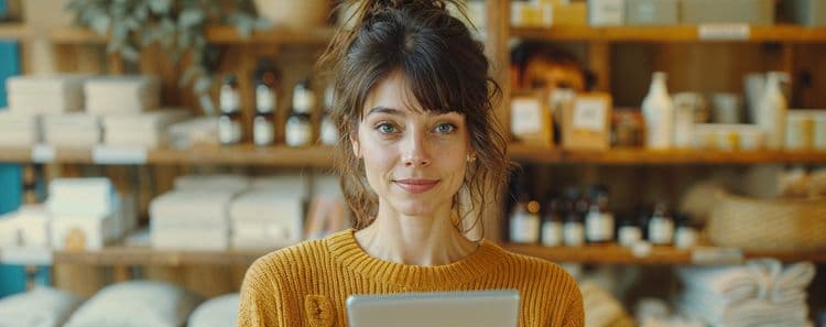 Žena v pleteném svetru s tabletem v prodejně